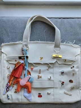 Boatkin Canvas Tote Bag with Decorative Charms And Pins - Cream